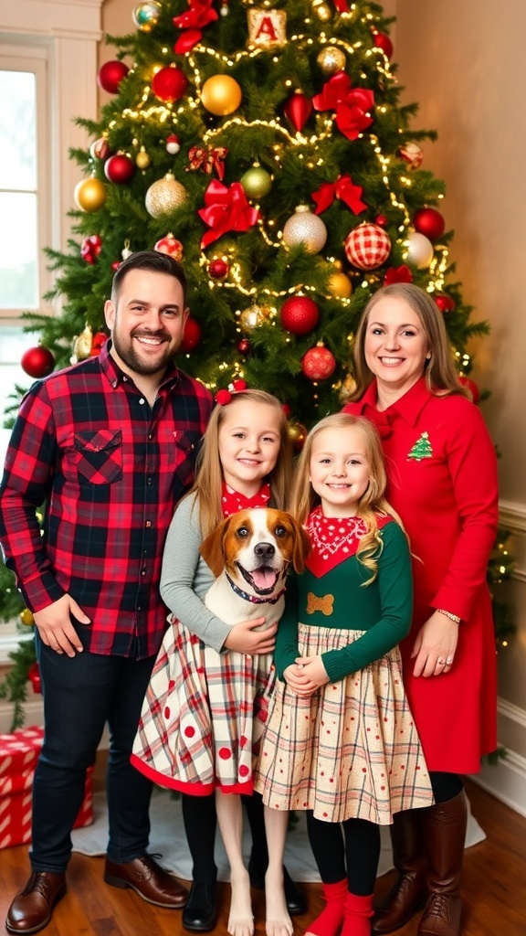 A happy family of five in Christmas outfits, posing in front of a Christmas tree.